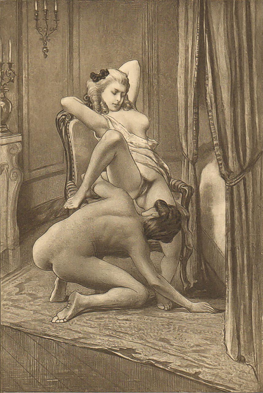Édouard-Henri Avril. Les charmes de Fanny exposés (Fanny's beauties displayed) (plate VIII) from Fanny Hill is one of the most famous works of Avril. It shows a nude girl spreading her legs for cunnilingus by her lesbian lover.