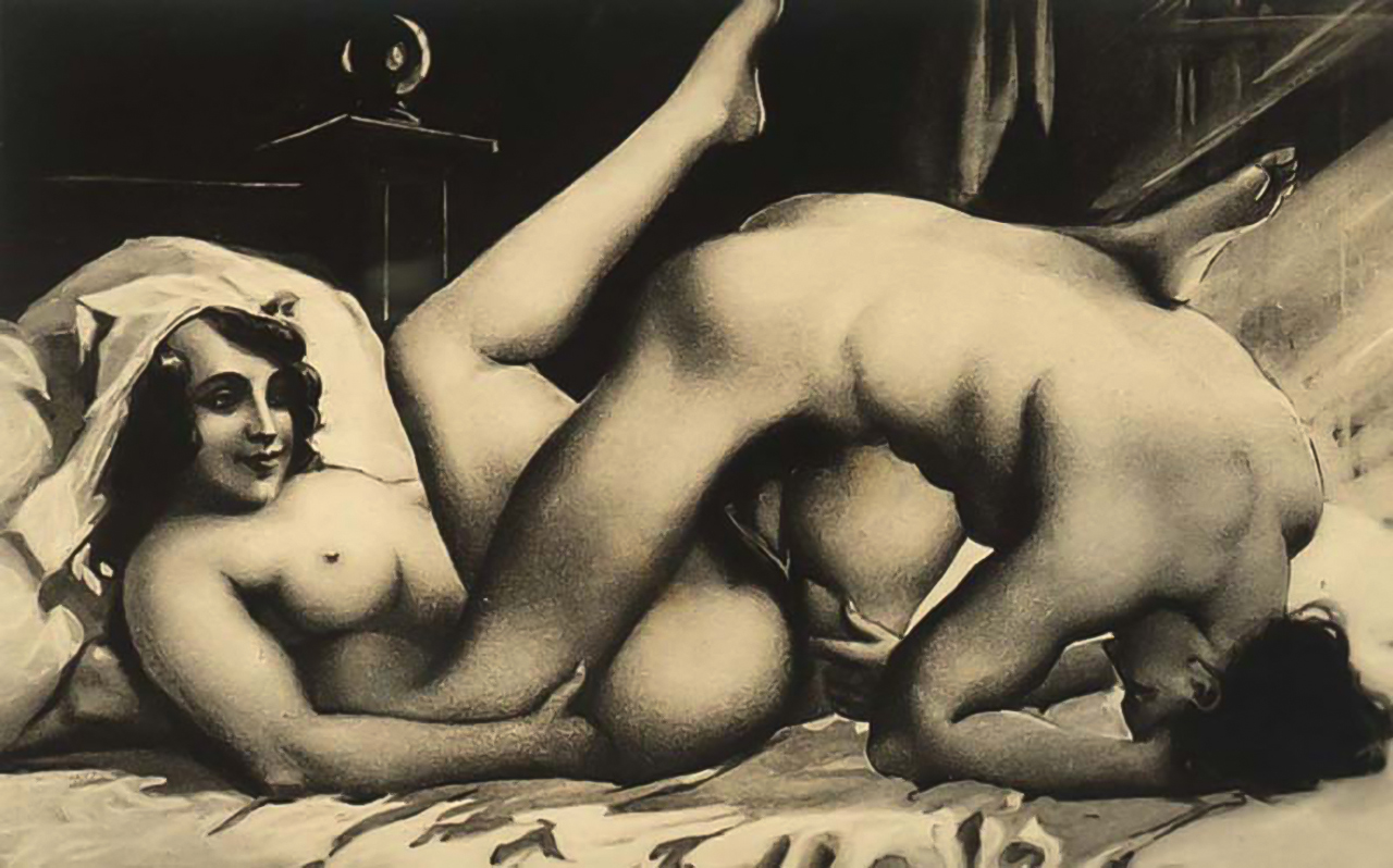 Paul Avril, illustration of Les Sonnetts Luxurieux 1892 de Pietro Aretino. A nude couple having sex in an unusual position.